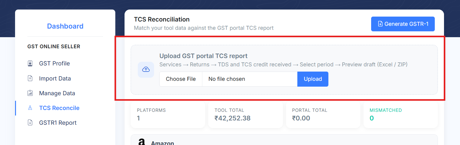 Open TCS Reconcile and upload the GST portal TCS Excel report